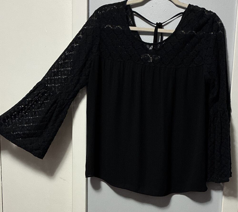 LOFT Black Lace Halter Blouse Size S Bell Sleeve Strappy Coquette Delicate